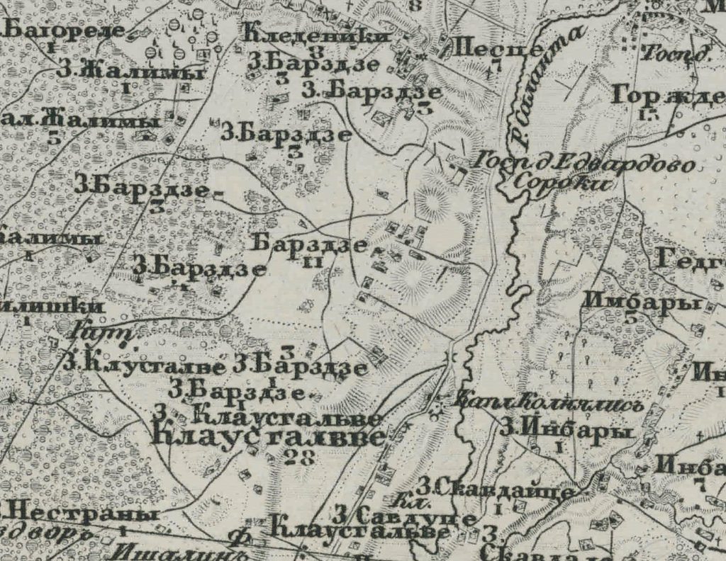 Kupetinio Barzdžių kaimo planas. XIX a. vidurys. Ištrauka iš Rusijos karinių kartografų 1872 m. parengto Kretingos apylinių žemėlapio.