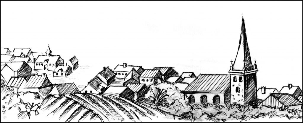 Hipotetinė miesto panorama XVIII a. pradžioje. Pagal Alfredo Bumblausko knygoje „Senosios Lietuvos istorija. Vilnius, 2005“ publikuotą švedų autoriaus graviūrą piešė Inga Idaitė. 2017 m. Kretingos muziejus.