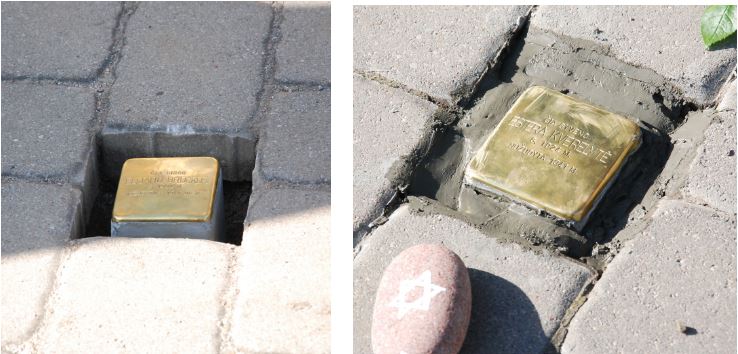 Du „Atminimo akmenys“ – memorialinės plytelės, skirtos Holokausto aukoms atminti – profesionaliam prieškario Darbėnų fotografui Elijahu Bruckui ir nužudytai 16-metei žydaitei Esterai Kvelerytei.