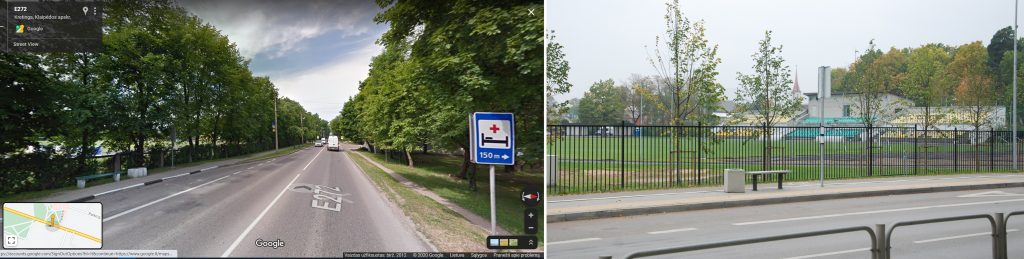 2012 m. Žemaitės alėjos ligoninės stotelės vaizdas iš Google vaizdų archyvo prieš gatvės rekonstrukciją ir dabar.